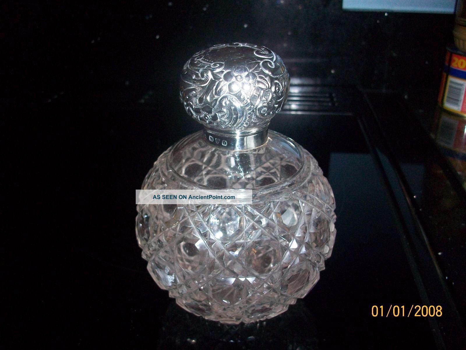 Large Antique Cut Glass Silver Top Perfume Bottle - Chester 1897 Bottles photo