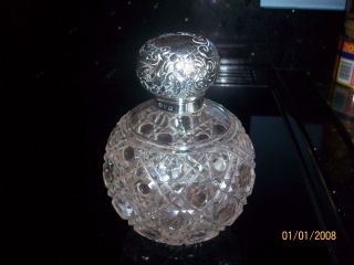 Large Antique Cut Glass Silver Top Perfume Bottle - Chester 1897 photo