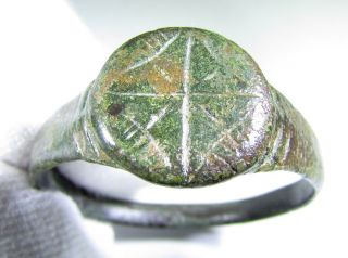 Rare Medieval Period Bronze Christian Ring Depicting Star Of Bethlehem - Ab32 photo