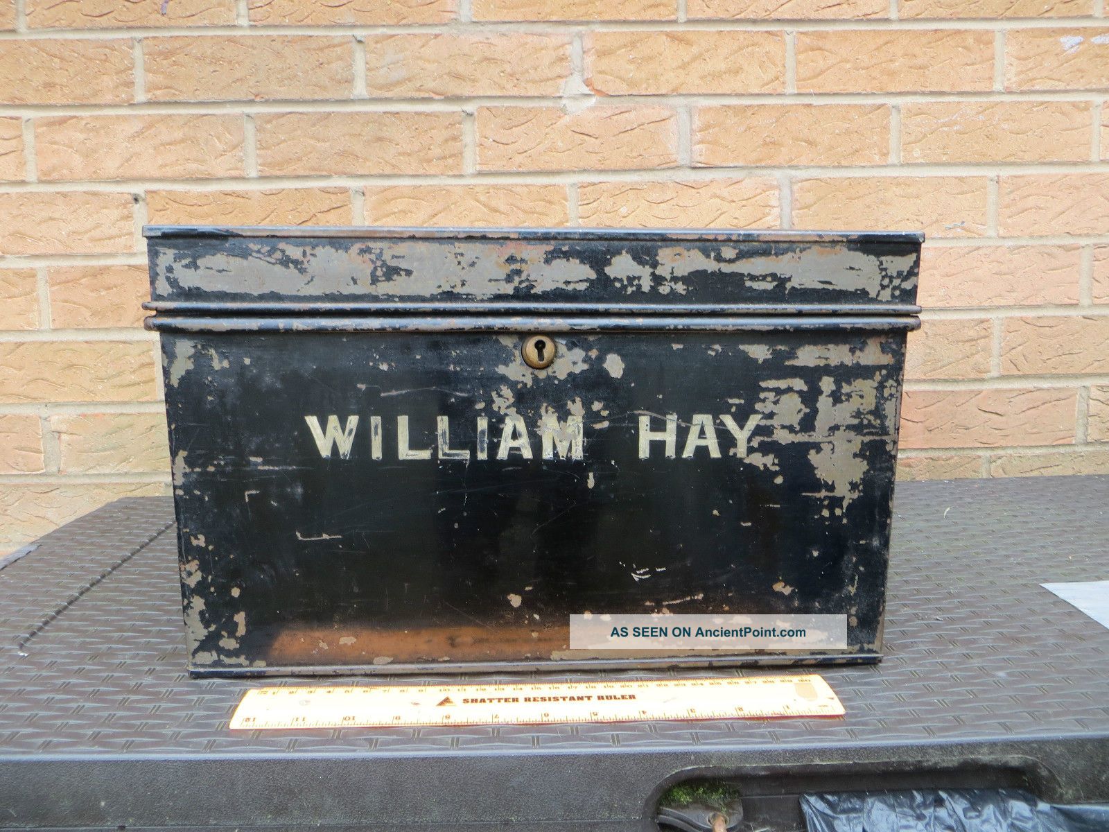 Vintage Industrial Black Metal Deed Box Sign Written Tin Chest Safe Store Tools 1900-1950 photo