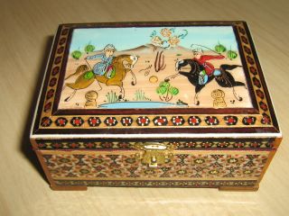 Vintage Persian Khatam Marquetry Jewelry/trinket Box Wooden Inlaid Hand Painted photo