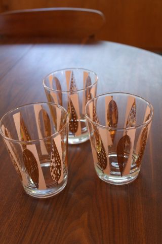 3 Great Fred Press Mid Century Vtg Lg Rocks Glasses Barware Pink Gold Leaves photo