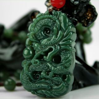 100 Natural Green Hand - Carved Chinese Hetian Jade Pendant - Dragon - Shippin photo