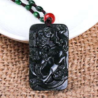 Hand - Carved Natural Green Hetian Jade Pendant And Necklace W Dragon @19 photo