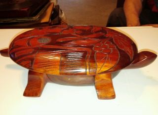 Vintage Hand Carved Solid Wood Turtle Trinket Box Abstract Art Design photo