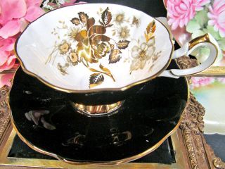 Queen Anne Tea Cup And Saucer Wide Mouth Black & Gold Floral Pattern Teacup photo