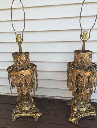 2 Vintage Large Heavy Regal Metal Fringe Ornate Gild Table Lamps - Gold photo