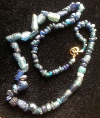 Romano Egyptian Blue Glass Bead String Necklace,  Believed First Century Ad photo