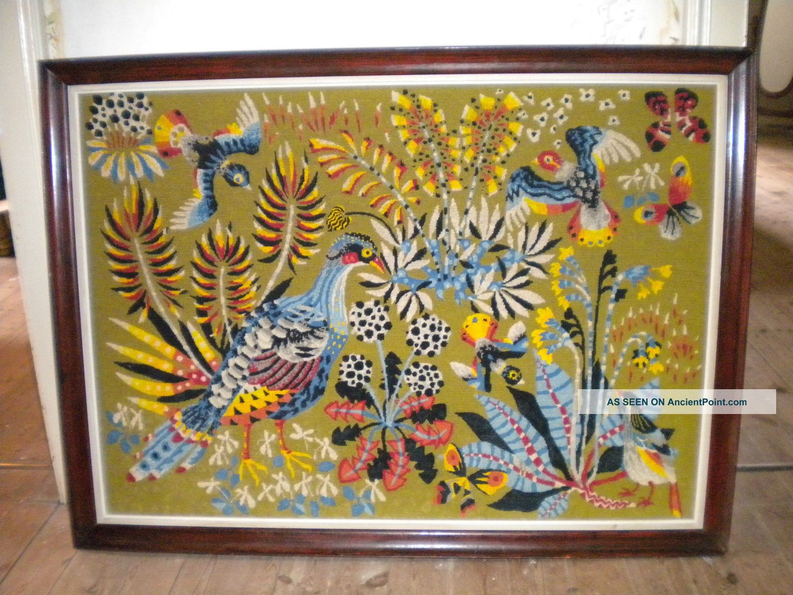1970s Modern Art Tapestry French Huge Birds And Plants Butterlies 112 X 80cms Mid-Century Modernism photo
