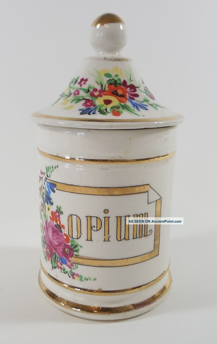 Vintage Antique Ceramic Apothecary Opium Jar Canister W/ Lid White Floral