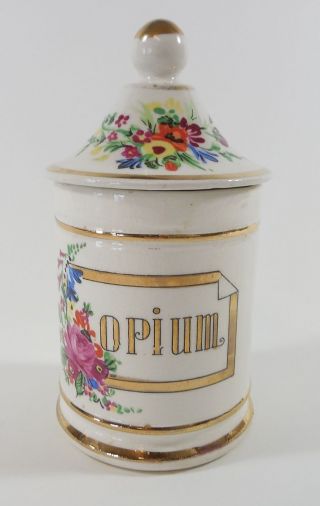 Vintage Antique Ceramic Apothecary Opium Jar Canister W/ Lid - White Floral photo