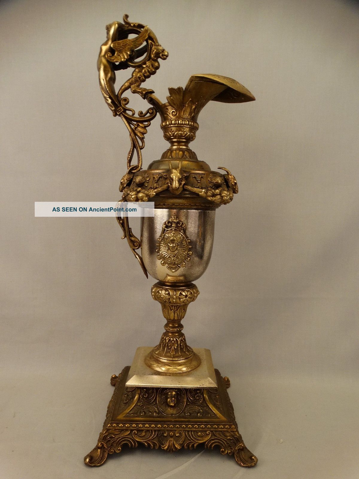 19thc Antique Victorian Winged Putti Bronzed Ram & Queen Lady Bust Mantel Ewer Metalware photo