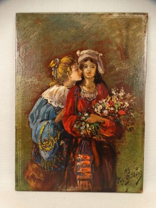 19thc Antique French Post Impressionist Victorian Sisters Lady Portrait Painting photo
