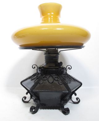 Rare Antique Tin Hexagon Oil Kerosene Lamp W/ Butterscotch Amber Glass Shade Yqz photo