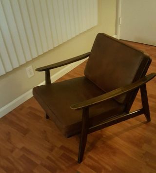 Mid Century Danish Modern Wood Leather Cushion Lounge Chair photo