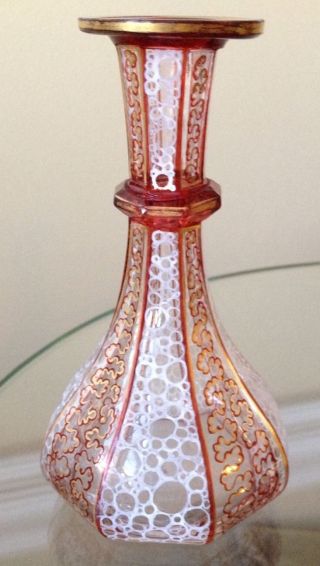 Antique Bohemian Moser Ruby Red & Enamel Decor 8 Panel Art Glass Bud Vase photo
