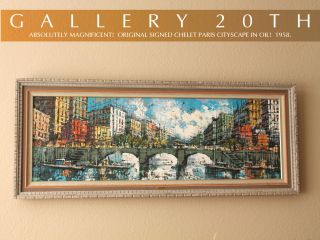 Rare Mid Century Modern Paris Cityscape Orig.  Oil Painting Chelet 50s Art Eames photo