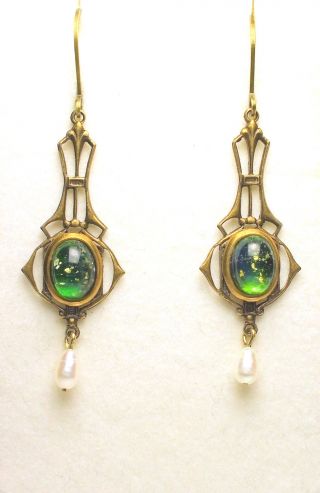 Art Nouveau Art Deco Vintage Style Antique Peacock Blue Crystal Pearl Earrings photo
