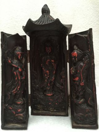 Antique Chinese Old Handwork Craved Wooden Buddha Amulet Wood Box Statue photo