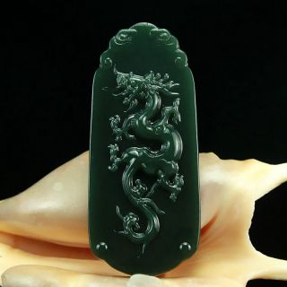 Hand - Carved Natural Green Hetian Jade Pendant W Dragon @48 photo