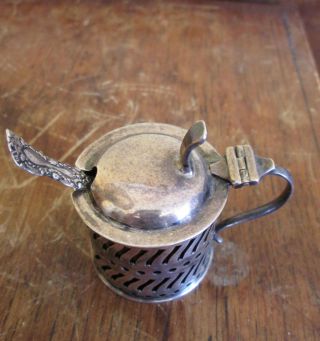 Antique Old Sterling Silver Harry Atkin English British Mustard Pot Blue Glass photo