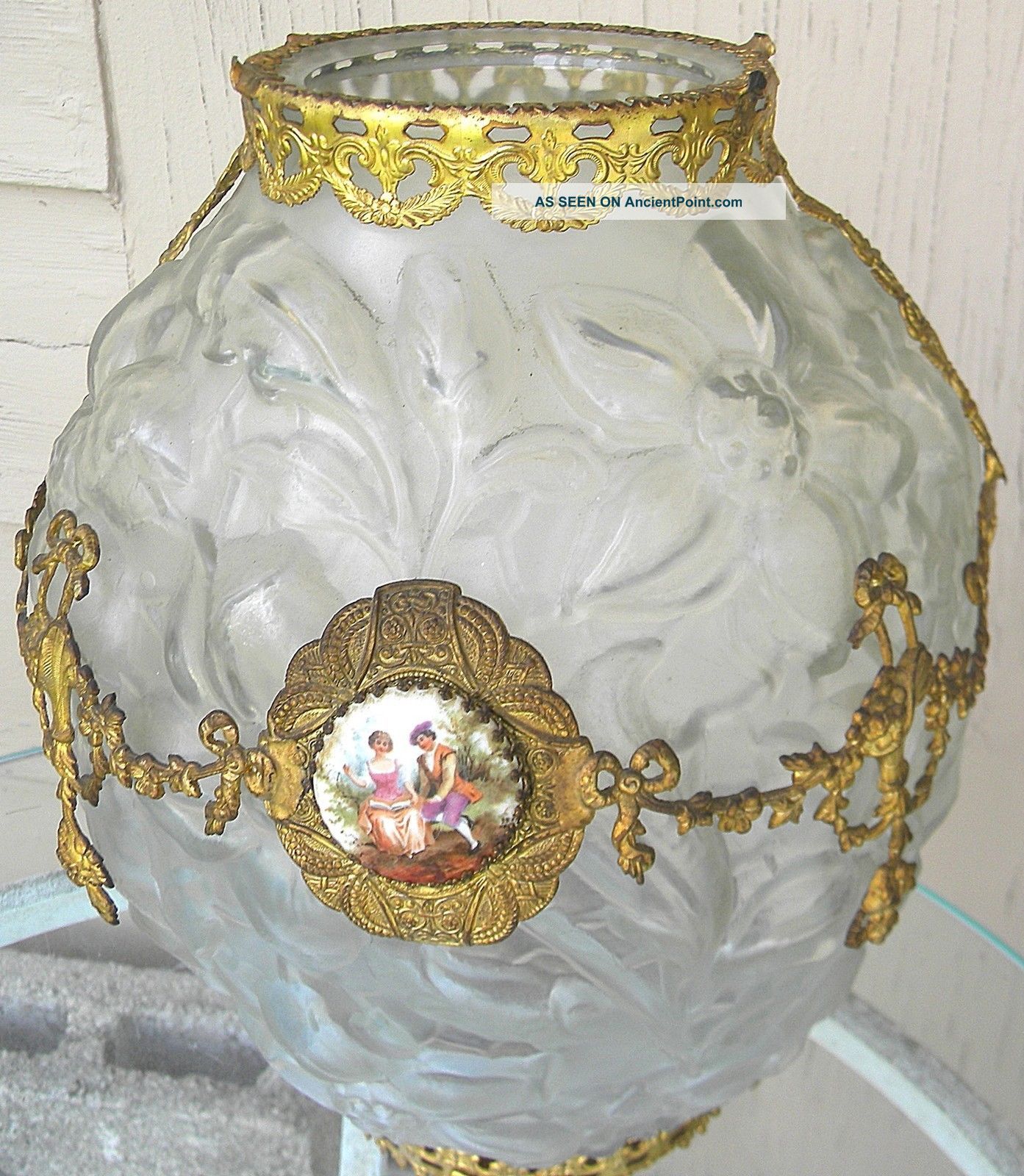 Nouveau Large Satin Art Glass & Gold Ormolu Vase Porcelain Medallion Art Nouveau photo