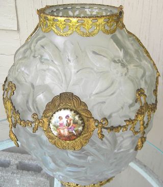 Nouveau Large Satin Art Glass & Gold Ormolu Vase Porcelain Medallion photo