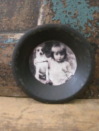 Primitive Early Antique Dark Tin Patty Pan Old Photo Print Child W Puppy photo
