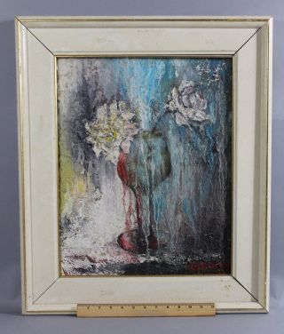 1983 B.  Bunge Modernist Abstract Acrylic Stillife Oil Painting Roses & Wine Glass photo