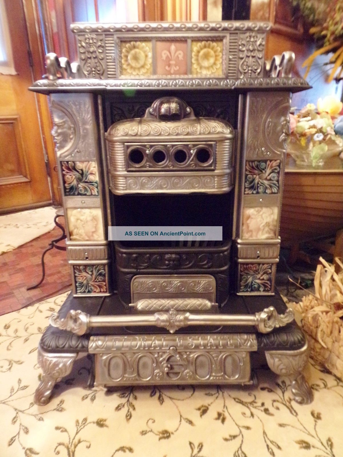 Antq. Wood Burn Parlor Stove " Floral Estate " No. 15 Solid Cast 9 Antq
