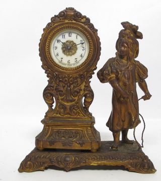 Antique 19th C Waterbury Bronze Dore Victorian Desk Clock Figural Girl &rope Yqz photo