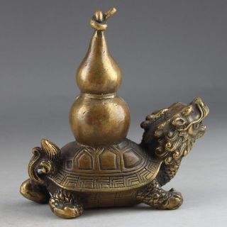 Brass Hammered China Old Handwork Dragon & Tortoise Exorcism Statue photo