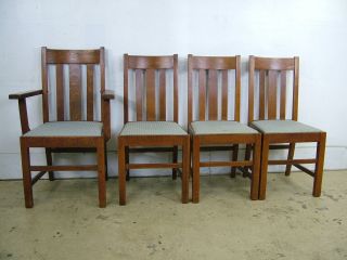 4 Antique Stickley Arts Crafts Era Quartersawn Honey Oak Dining Chairs photo
