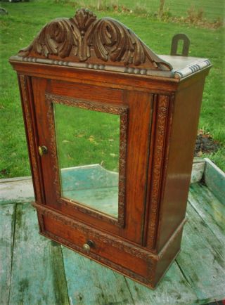 Antique French Carved Wood Medicine Bathroom Wall Cabinet Mirror Drawer photo