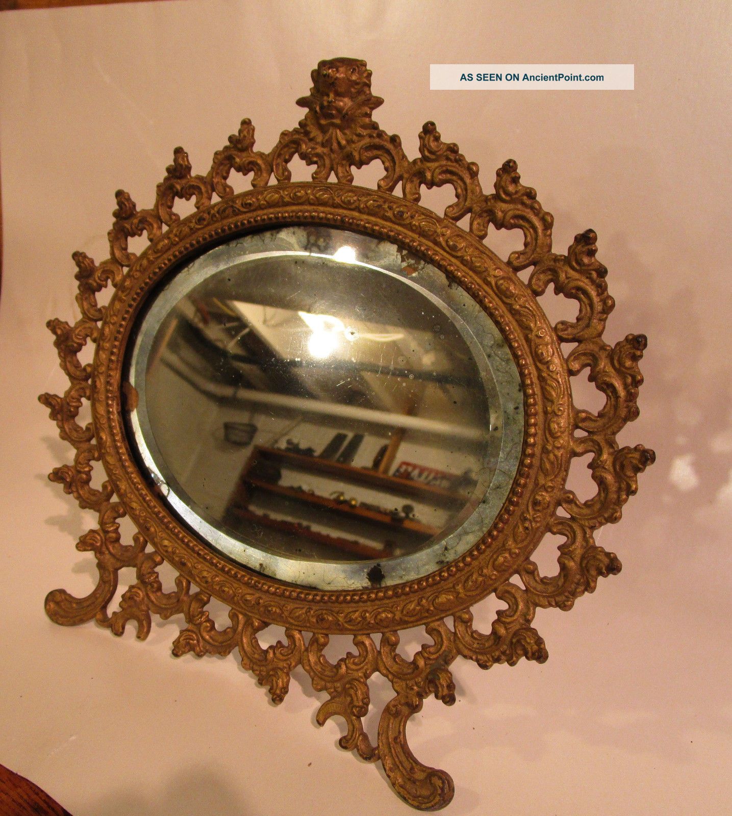 Ornate Antique Vintage Vanity Dresser Cherub Angel Mirror Oval Bevel Glass Easel 1800-1899 photo