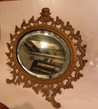 Ornate Antique Vintage Vanity Dresser Cherub Angel Mirror Oval Bevel Glass Easel photo