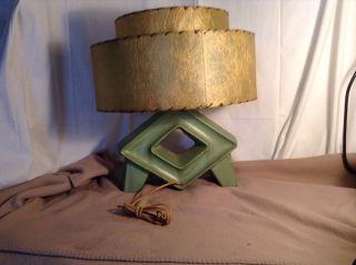Mid Century Green Glazed Atomic Lamp Vintage Pottery 2 Tier Fiberglass Shade photo