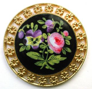 Lg Sz Antique French Enamel Button Hand Painted Flowers On Black W Flower Border photo