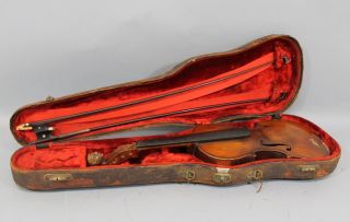 Antique Figured Maple 4/4 Violin W/ Carved Figural Peg Box,  Nr photo