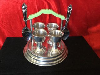 Art Deco Chrome And Green Bakelite Steeped Egg Cup Stand & 4 Egg Cups & Spoons photo
