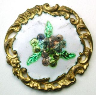 Antique French Enamel Button Colorful Floral Over Foil W/ Fancy Brass Border photo