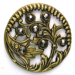 Lg Sz Antique Pierced Brass Button Fancy Floral W/ Cut Steel Accents photo