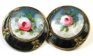2 Antique French Enamel Buttons Hand Painted Flowers W/ Crescent Design photo
