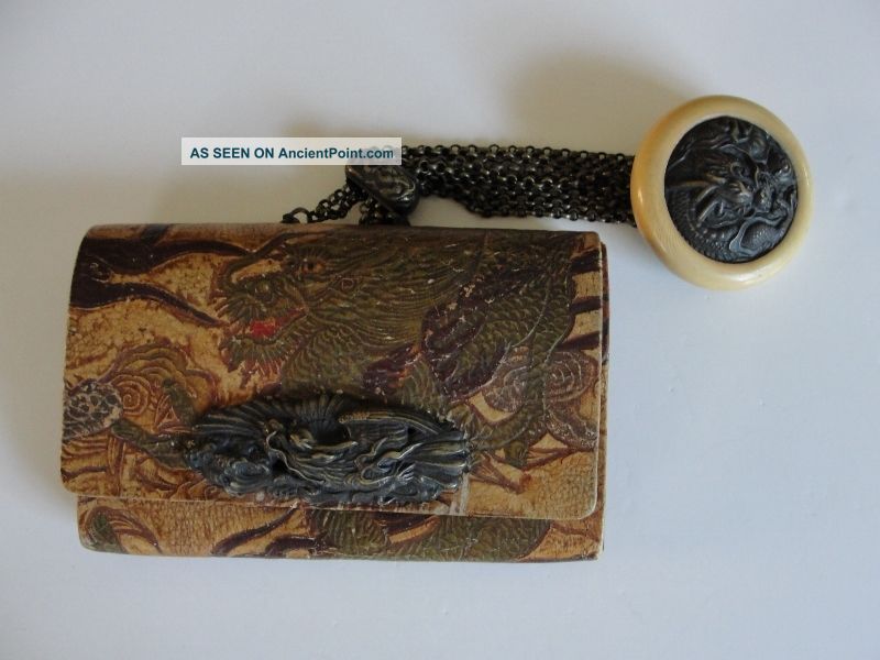 Antique Japanese Meiji Tobacco Leather Pouch Bag W Dragon Netsuke & Eagle Menuki Other Japanese Antiques photo