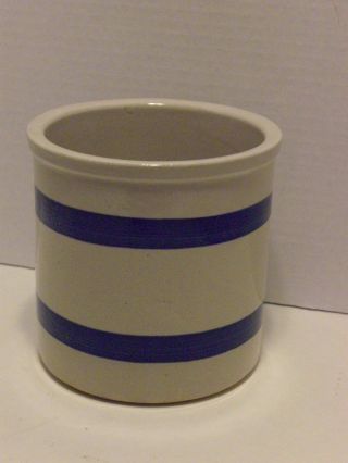 Roseville 303 - F Kitchen Utensil Jar Blue Stripe Primitive Pottery 1/2 Gallon Us photo