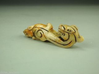 Rare Collectable Ingenious Chinese Old Xiu Jade Hand Carved Two Dragon Head Hook photo