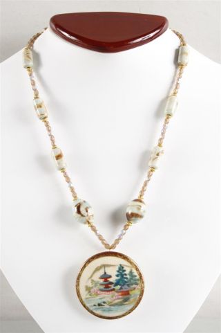 Fine Old Asian Handpainted Porcelain Pagoda Scene Bead Necklace photo