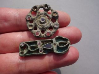 Ancient Frankish Copper With Garnet Stone Inlays Strap - End Or Sword - Sheath Mount photo