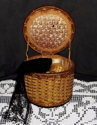 Antique Victorian To 1920s Silk Lined Vintage Woven Sewing Basket & Accessories photo