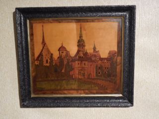 Antique Marquetry Inlaid Wood Landscape Art Signed F E Heynold photo